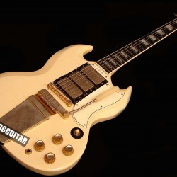 Rare 1968 Jimi SG Polaris White Double Cutaway Electric Guitar Long Version Maestro Vibrola Tremolo Bridge, Ebony Fingerboard, Gold Hardware