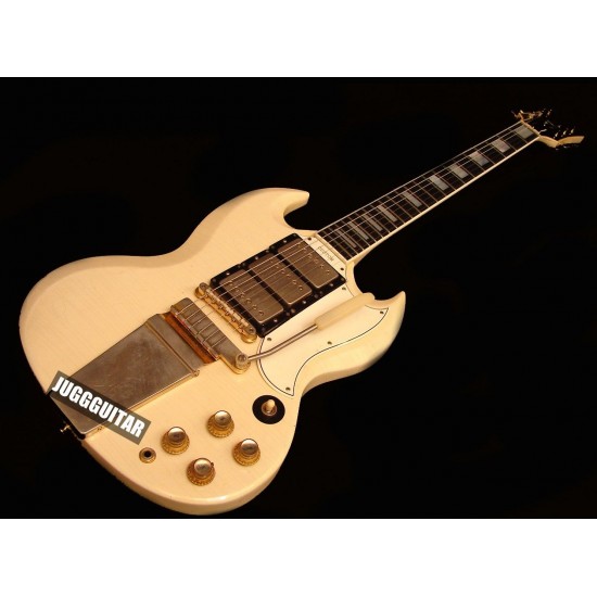 Rare 1968 Jimi SG Polaris White Double Cutaway Electric Guitar Long Version Maestro Vibrola Tremolo Bridge, Ebony Fingerboard, Gold Hardware