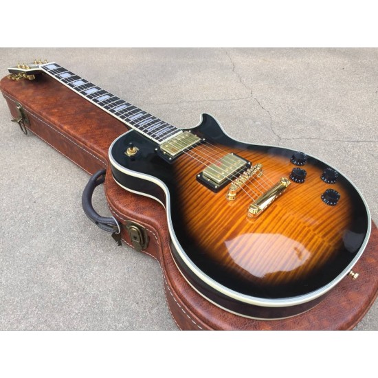 Custom 1959 Flame Maple Top Amber Sunburst Electric Guitar 5 Ply Body binding Rosewood Fingerboard Trapezoid White Mother of Pearl Inlay