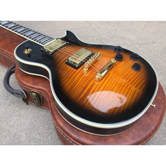 Custom 1959 Flame Maple Top Amber Sunburst Electric Guitar 5 Ply Body binding Rosewood Fingerboard Trapezoid White Mother of Pearl Inlay