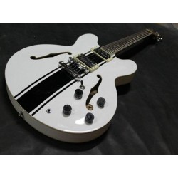 Custom Shop ES 333 Tom Delonge Signature Semi Hollow Body White Black Stripe Jazz Electric Guitar Double F Holes, Dot Inlay, Grover Tuners