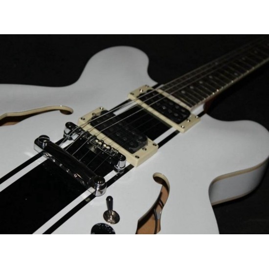 Custom Shop ES 333 Tom Delonge Signature Semi Hollow Body White Black Stripe Jazz Electric Guitar Double F Holes, Dot Inlay, Grover Tuners