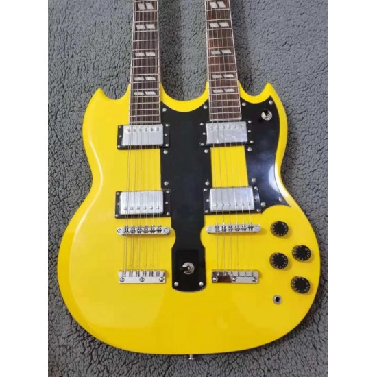 EDS 1275 Jimmy Page Led Zeppeli Gold Double Neck SG Electric Guitar 12+6 Strings, Claw Tailpiece, Split Parallelogram Inlays, Tuilp Tuners, Black Pickguard