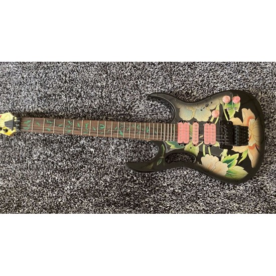 JEM77 BFP3 Flower Pattern Steve Vai 7V Electric Guitar Green Vine inlay, Floyd Rose Tremolo, Locking Nut, Black Hardware, Pink Pickup