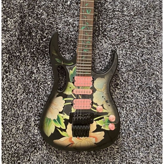 JEM77 BFP3 Flower Pattern Steve Vai 7V Electric Guitar Green Vine inlay, Floyd Rose Tremolo, Locking Nut, Black Hardware, Pink Pickup