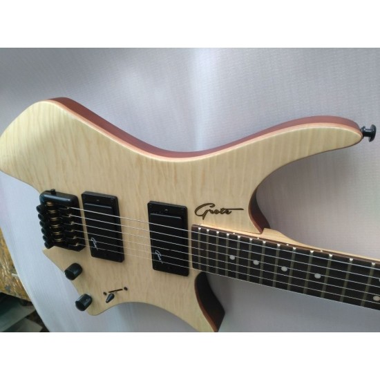 Boden OS 6 Strings Natural Quilt Maple Top Headless Electric Guitar KD Patent Tremolo Bridge, Black Hardware