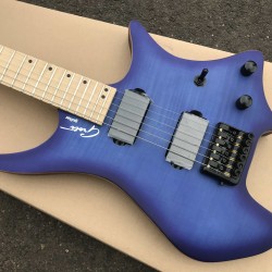 Custom 24 Frets Headless Boden Flame Maple Top Blue Electric Guitar Copy EMG Pickups, Tremolo Tailpiece, Black Hardware