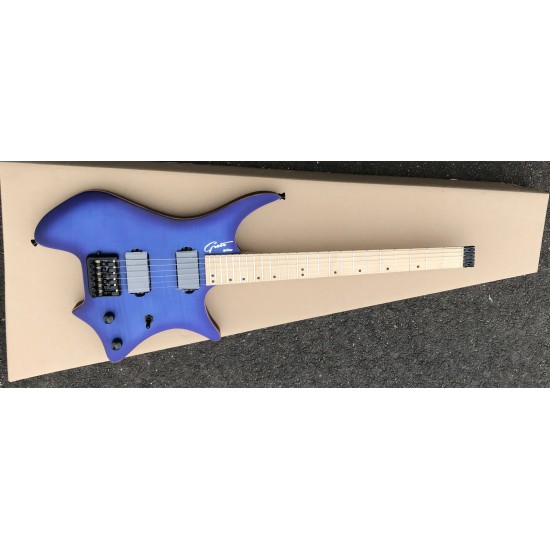 Custom 24 Frets Headless Boden Flame Maple Top Blue Electric Guitar Copy EMG Pickups, Tremolo Tailpiece, Black Hardware