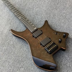 24 Frets Boden Burl Spalted Maple Top Black Headless Electric Guitars Wood Body Binding, China EMG Pickups, Tremolo Bridge