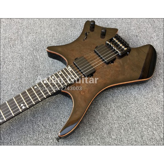 24 Frets Boden Burl Spalted Maple Top Black Headless Electric Guitars Wood Body Binding, China EMG Pickups, Tremolo Bridge