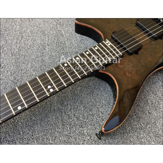 24 Frets Boden Burl Spalted Maple Top Black Headless Electric Guitars Wood Body Binding, China EMG Pickups, Tremolo Bridge