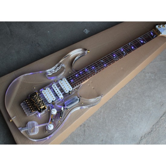 Steve Vai Jem Acrylic Body LED Light 12 Colors 77V Electric Guitar Blue Lighting Inlay, Floyd Rose Tremolo bridge, Locking nut, Monkey Grip, Lion Clay, Gold Hardware