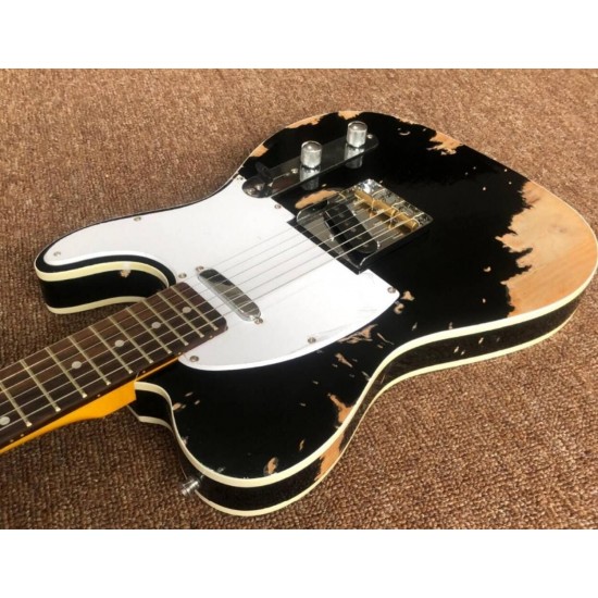 Custom LTD 60s MasterBuilt Super Faded Heavy Relic Black Tele TL Electric Guitar Alder Body, Vintage Tuners, Aged Chrome Hardware