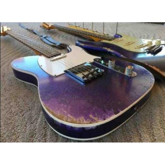 Masterbuilt Heavy Relic Big Sparkle Metallic Purple Tele Electric Guitar Alder Body, Maple Neck & Fretboard, 3 Saddle Bridge, Vintage Tuners