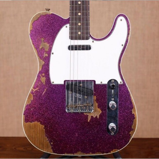 Masterbuilt Heavy Relic Big Sparkle Metallic Purple Tele Electric Guitar Alder Body, Maple Neck & Fretboard, 3 Saddle Bridge, Vintage Tuners