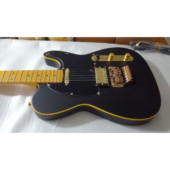 Custom Matte Black Telecaster Electric Guitar Yellow Binding Floyd Rose Tremolo Bridge Vintage Yellow Fingerboard Dot Inlay Black Pickguard