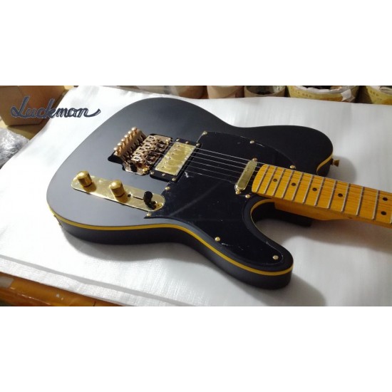 Custom Matte Black Telecaster Electric Guitar Yellow Binding Floyd Rose Tremolo Bridge Vintage Yellow Fingerboard Dot Inlay Black Pickguard