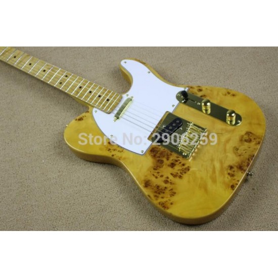 Custom Spalted Maple Top Tele Burl Natrual TL Electric Guitar Gold Hardware, White Pickguard, Schaller Tuners, String Thru Body Bridge