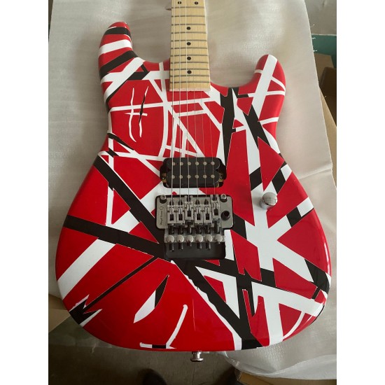 Wolf Eddie Edward Van Halen 5150 White Stripe Red Electric Guitar Floyd Rose Tremolo, Locking Nut, Maple Neck & Fingerboard, 1 Bridge Pickup