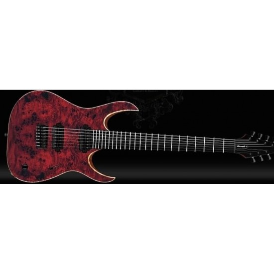 Duvell Elite 7-String Trans Dirty Red Matte Eye Poplar Burl top Electric Guitar 5pc Wenge/Bubinga Neck, Ebony Fingerboard, Black Lock Tuners