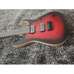 CM Duvell Elite Trans Dirty Red Matte Eye Poplar Burl top Electric Guitar Maple Neck, Ash Body, Black Hardware, Locking Tremolo Bridge