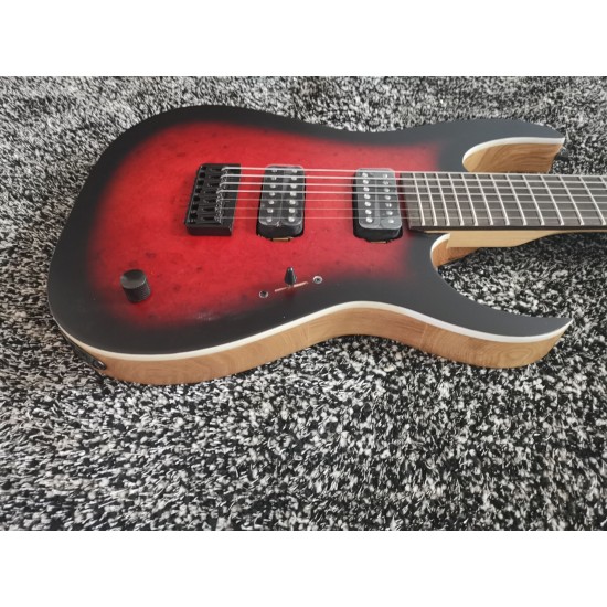 CM Duvell Elite Trans Dirty Red Matte Eye Poplar Burl top Electric Guitar Maple Neck, Ash Body, Black Hardware, Locking Tremolo Bridge