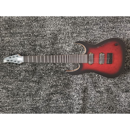 CM Duvell Elite Trans Dirty Red Matte Eye Poplar Burl top Electric Guitar Maple Neck, Ash Body, Black Hardware, Locking Tremolo Bridge