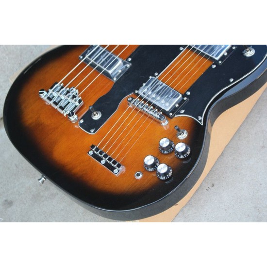 Custom Brown Sunburst 1275 Double Neck Electric Guitar & Electric Bass ,6 Strings Guitar & 4 Strings bass, Black Pickguard Chrome Hardware