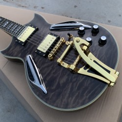 Custom Archtop Johnny A Black Quilted Maple Semi Hollow Body SG Electric Guitar Bigs Tremolo Tailpiece, Gold Hardware, Black Pickguard