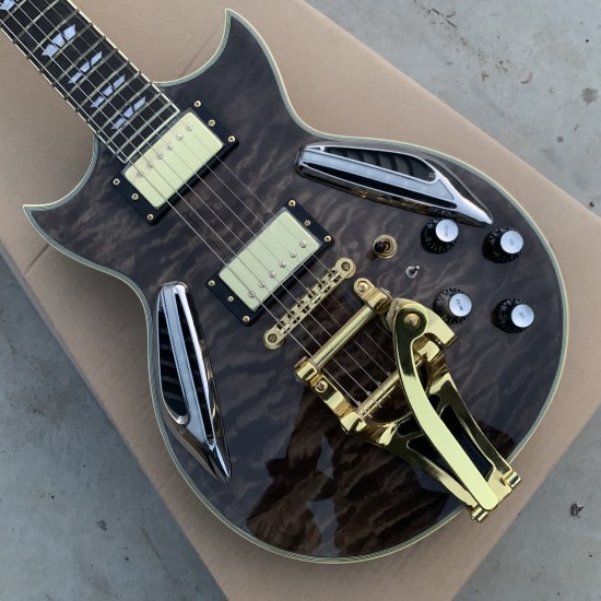 Custom Archtop Johnny A Black Quilted Maple Semi Hollow Body SG Electric Guitar Bigs Tremolo Tailpiece, Gold Hardware, Black Pickguard