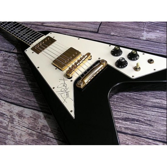 Jimi Hendrix Hall of Fame White Pickguard Black Flying V Electric Guitar Limited Edition Split Diamond Arrow Inlay Vintage Kluson Tuners