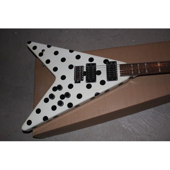 Custom Shop Randy Rhoads Polka Dot Flying V White & Black Dot Electric Guitar Floyd Rose Tremolo Blackback Headstock