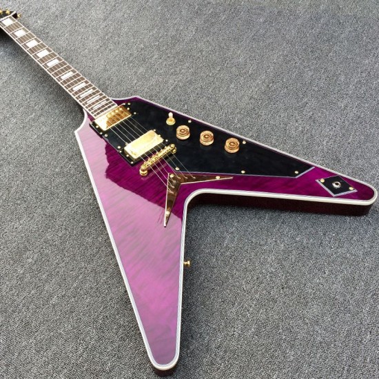 Custom Trans Purple Flame Maple Top Flying V Electric Guitar String Thru Body Bridge, Black Pickguard, Gold Hardware, White MOP Block Inlay