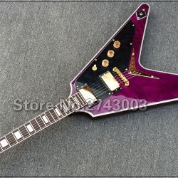 Custom Trans Purple Flame Maple Top Flying V Electric Guitar String Thru Body Bridge, Black Pickguard, Gold Hardware, White MOP Block Inlay