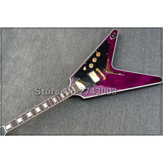 Custom Trans Purple Flame Maple Top Flying V Electric Guitar String Thru Body Bridge, Black Pickguard, Gold Hardware, White MOP Block Inlay