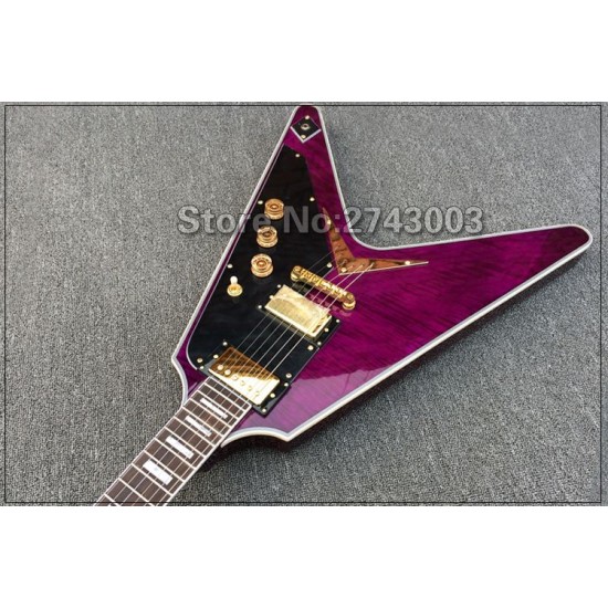 Custom Trans Purple Flame Maple Top Flying V Electric Guitar String Thru Body Bridge, Black Pickguard, Gold Hardware, White MOP Block Inlay