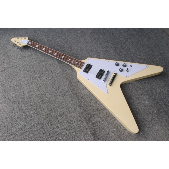 Custom Shop Flying V Cream Yellow Electric Guitar ABR-1 Bridge & Stop Bar Tailpiece, Little Block Inlay, Grover Tuners, Chrome Hardware