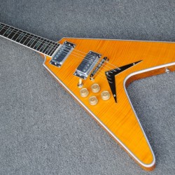 Custom Shop Yellow Flame Maple Top Flying V Electric Guitar Moderne Headstock, Abalone Inlay, Grover Tuners, Strings Thru Body Bridge