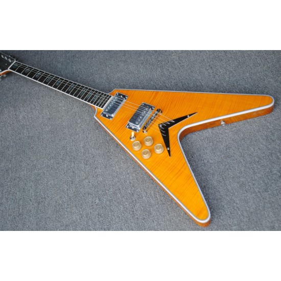 Custom Shop Yellow Flame Maple Top Flying V Electric Guitar Moderne Headstock, Abalone Inlay, Grover Tuners, Strings Thru Body Bridge