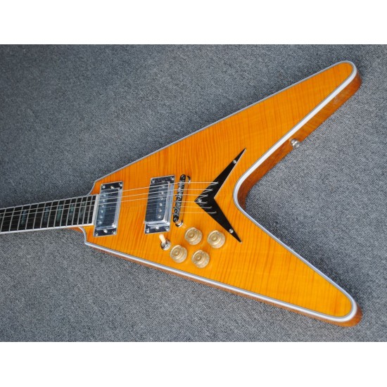 Custom Shop Yellow Flame Maple Top Flying V Electric Guitar Moderne Headstock, Abalone Inlay, Grover Tuners, Strings Thru Body Bridge