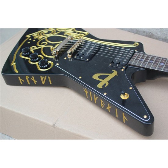 Super Rare Custom Shaped Gloss Black & Gold Carving Scroll Top Explorer Electric Guitar Gold Hardware