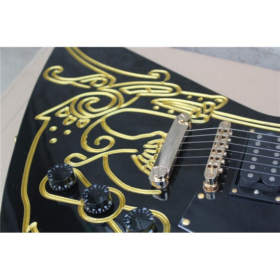 Super Rare Custom Shaped Gloss Black & Gold Carving Scroll Top Explorer Electric Guitar Gold Hardware