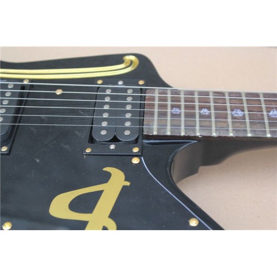 Super Rare Custom Shaped Gloss Black & Gold Carving Scroll Top Explorer Electric Guitar Gold Hardware