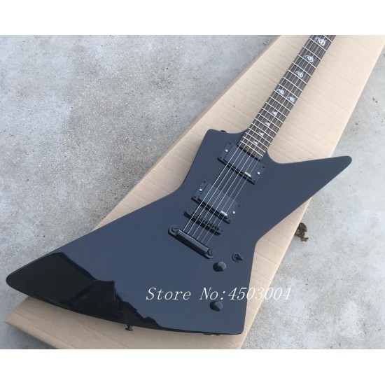 Ironic Metallic James Hetfield Gloss Black Explorer Electric Guitar China Active EMG Pickups & 9V Battery Box, Snake Inlay, Black Hardware