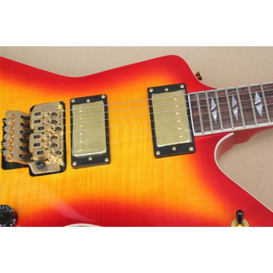 Custom Cherry Sunburst Flame Maple Top Explorer Electric Guitar Floyd Rose Tremolo, Rosewood Fingerboard, Split Diamond Inlay, Gold Hardware