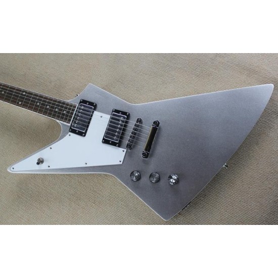 Custom Shop Dethklok Thunderhorse Left Handed Metallic Silver Explorer Electric Guitar Chrome Hardware White Pickguard Pearl Dot Inlay