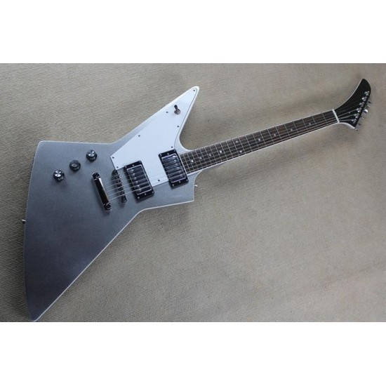 Custom Shop Dethklok Thunderhorse Left Handed Metallic Silver Explorer Electric Guitar Chrome Hardware White Pickguard Pearl Dot Inlay