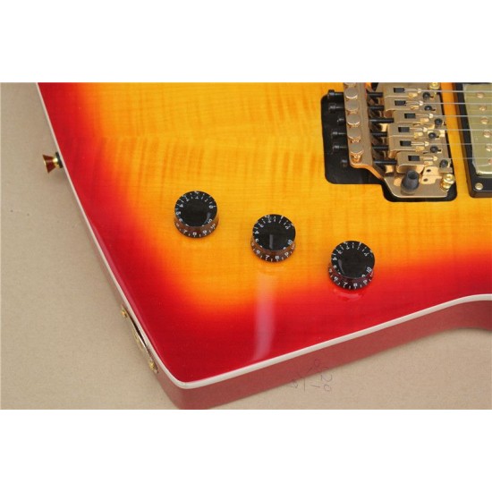 Custom Shop Cherry Sunburst Explorer Electric Guitar Flame Maple Top Floyd Rose Tremolo MOP Split Diamond Fingerboard Inlay Golden Hardware