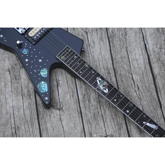 Rare Boris Dommenget Matthias Jabs Scorpions Galaxy Explorer Black Diamond Electric Guitar Floyd Rose Tremolo, Abalone Stars & Planets Inlay