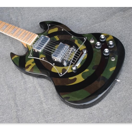 Custom Shop Double Cutaway SG Zakk Wylde Camouflage & Black Bullseye Electric Guitar Copy EMG Pickups, Chrome Hardware, Drop Shipping